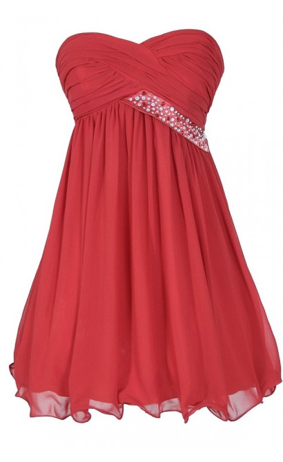 Trail of Stars Embellished Pleated Chiffon Party Dress in Red